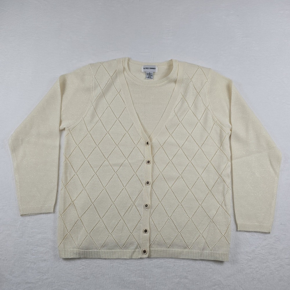 Alfred Dunner Vintage Cardigan Sweater Womens Medium Wool Blend Cream Ivory M